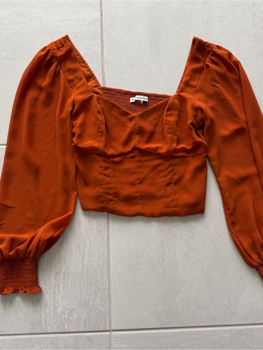 Abercrombie & Fitch Rust-Orange Puff-Sleeve Square Neck Crop Top